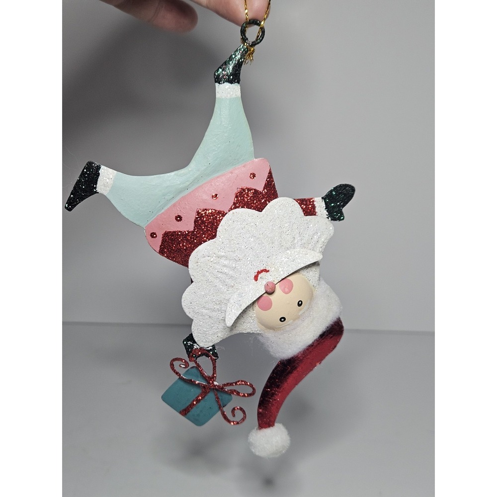 Whimsical Upside Down Santa Ornament Glitter Hanging Holiday Tree Decoration